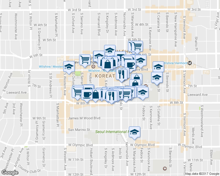 map of restaurants, bars, coffee shops, grocery stores, and more near 729 South Ardmore Avenue in Los Angeles