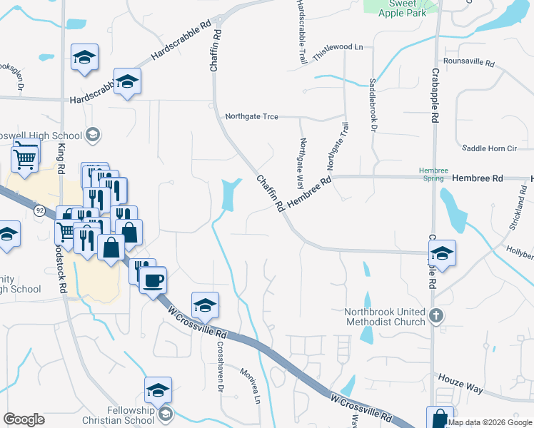 map of restaurants, bars, coffee shops, grocery stores, and more near 110 Oak Knoll Way in Roswell