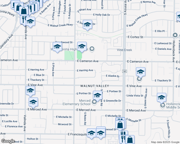 map of restaurants, bars, coffee shops, grocery stores, and more near 1512 East Herring Avenue in West Covina