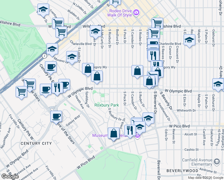 map of restaurants, bars, coffee shops, grocery stores, and more near 9654 West Olympic Boulevard in Beverly Hills