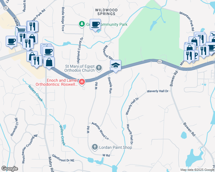 map of restaurants, bars, coffee shops, grocery stores, and more near 540 Steeple Run in Roswell