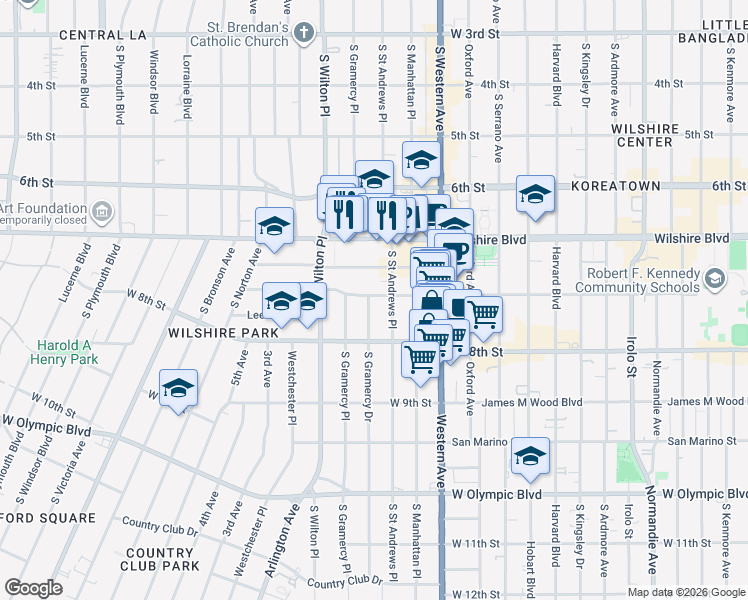 map of restaurants, bars, coffee shops, grocery stores, and more near 717 South Gramercy Drive in Los Angeles