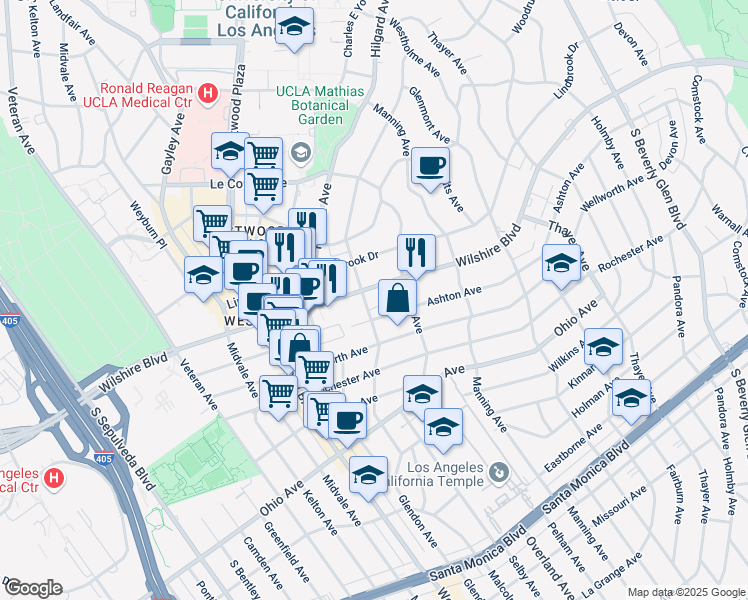map of restaurants, bars, coffee shops, grocery stores, and more near 10790 Wilshire Boulevard in Los Angeles