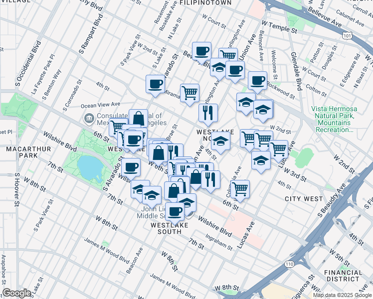 map of restaurants, bars, coffee shops, grocery stores, and more near 431 South Union Avenue in Los Angeles