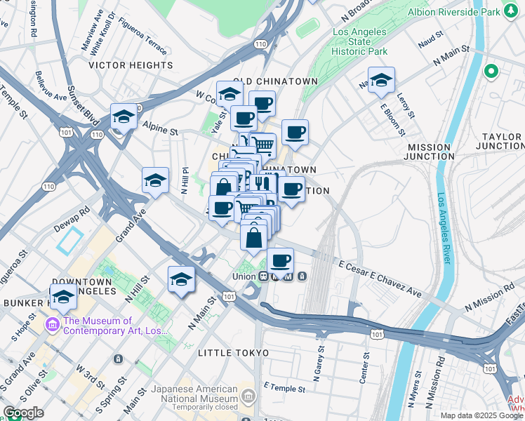 map of restaurants, bars, coffee shops, grocery stores, and more near in Los Angeles