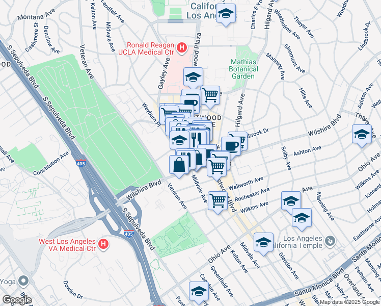 map of restaurants, bars, coffee shops, grocery stores, and more near 1122 Gayley Avenue in Los Angeles