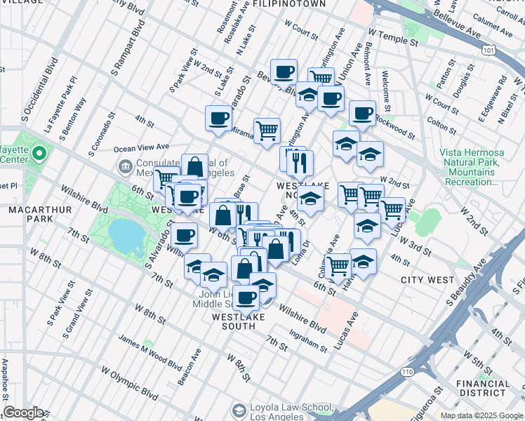 map of restaurants, bars, coffee shops, grocery stores, and more near 431 South Union Avenue in Los Angeles