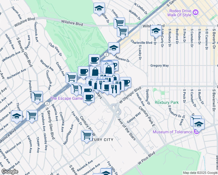 map of restaurants, bars, coffee shops, grocery stores, and more near 10044 Constellation Boulevard in Los Angeles