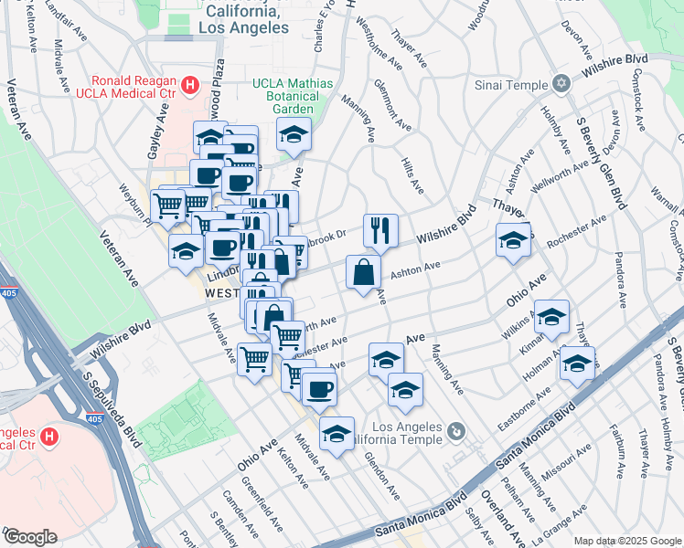 map of restaurants, bars, coffee shops, grocery stores, and more near 10790 Wilshire Boulevard in Los Angeles