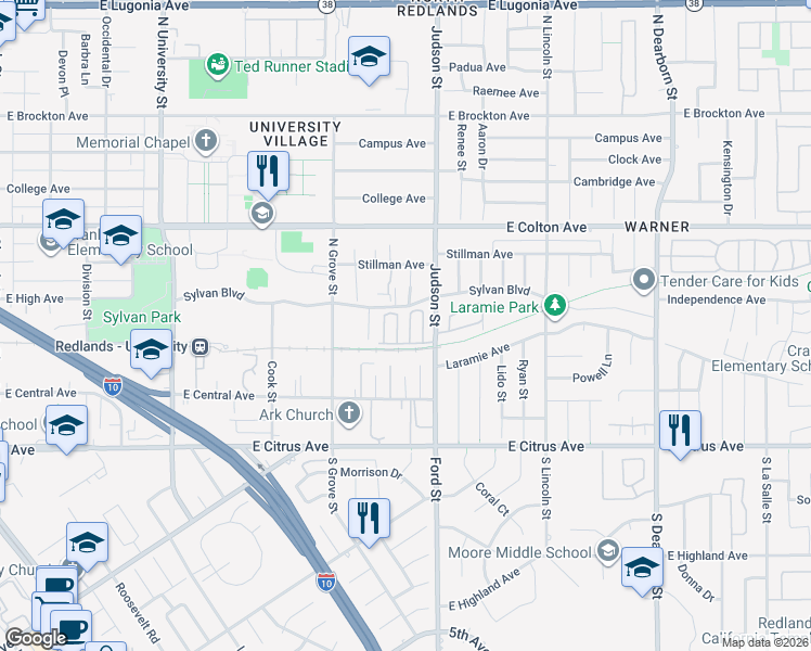 map of restaurants, bars, coffee shops, grocery stores, and more near 455 Judson Street in Redlands