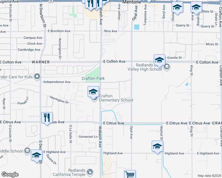 map of restaurants, bars, coffee shops, grocery stores, and more near 1427 Laramie Avenue in Redlands