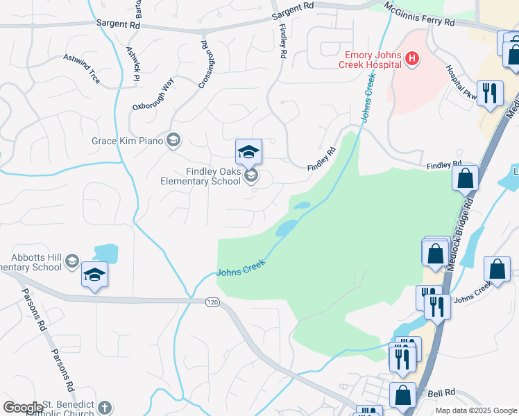 map of restaurants, bars, coffee shops, grocery stores, and more near 11390 Findley Chase Court in Duluth