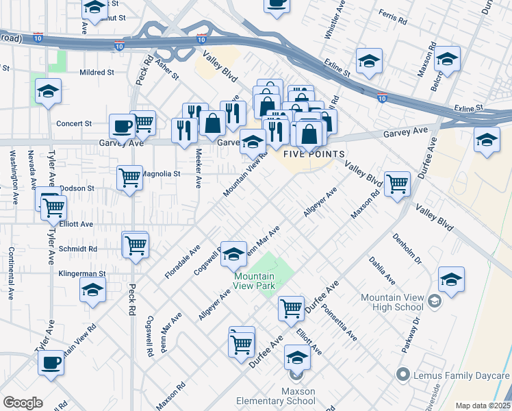 map of restaurants, bars, coffee shops, grocery stores, and more near 2743 Cogswell Road in El Monte
