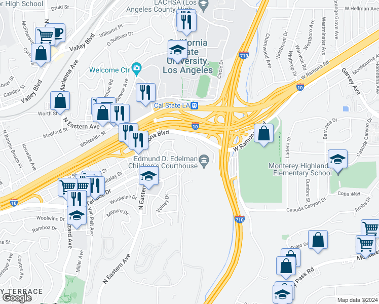map of restaurants, bars, coffee shops, grocery stores, and more near 4700 West Ramona Boulevard in Monterey Park