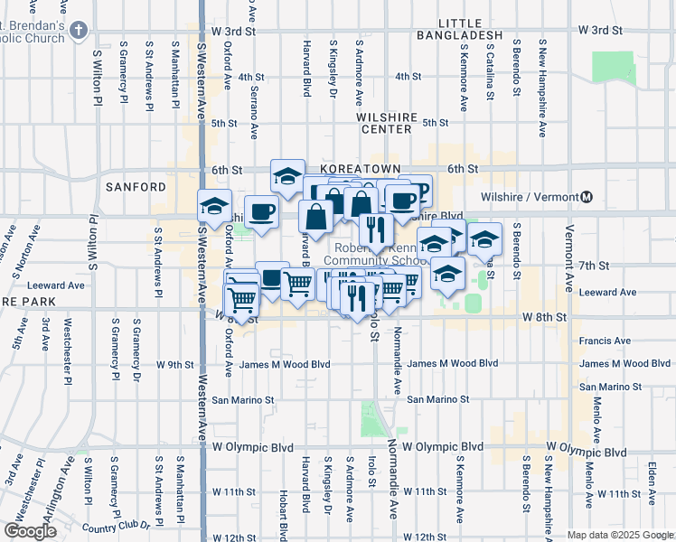 map of restaurants, bars, coffee shops, grocery stores, and more near 729 South Ardmore Avenue in Los Angeles