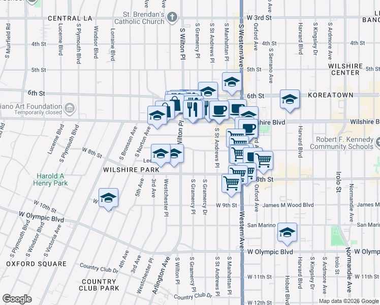 map of restaurants, bars, coffee shops, grocery stores, and more near 726 South Wilton Place in Los Angeles