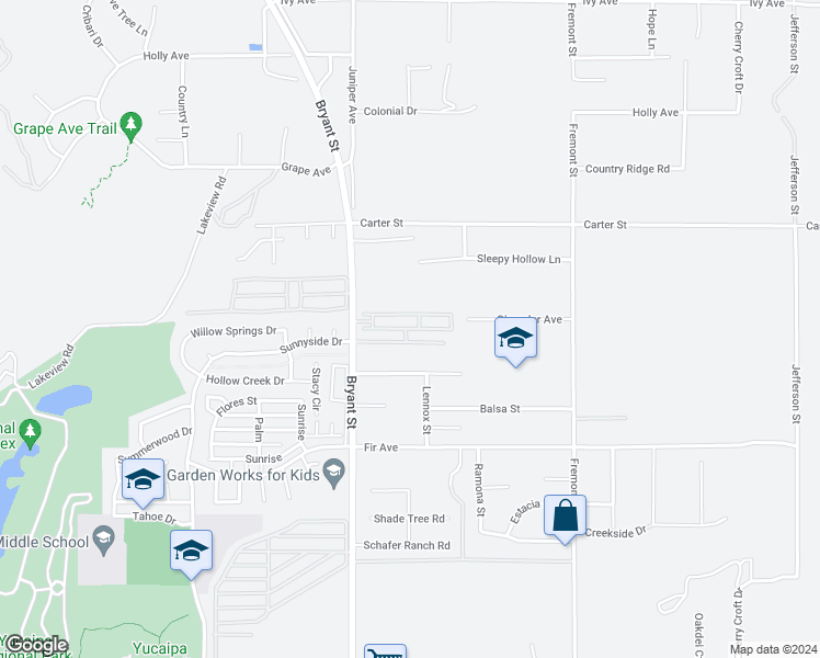 map of restaurants, bars, coffee shops, grocery stores, and more near 10675 Bryant Street in Yucaipa