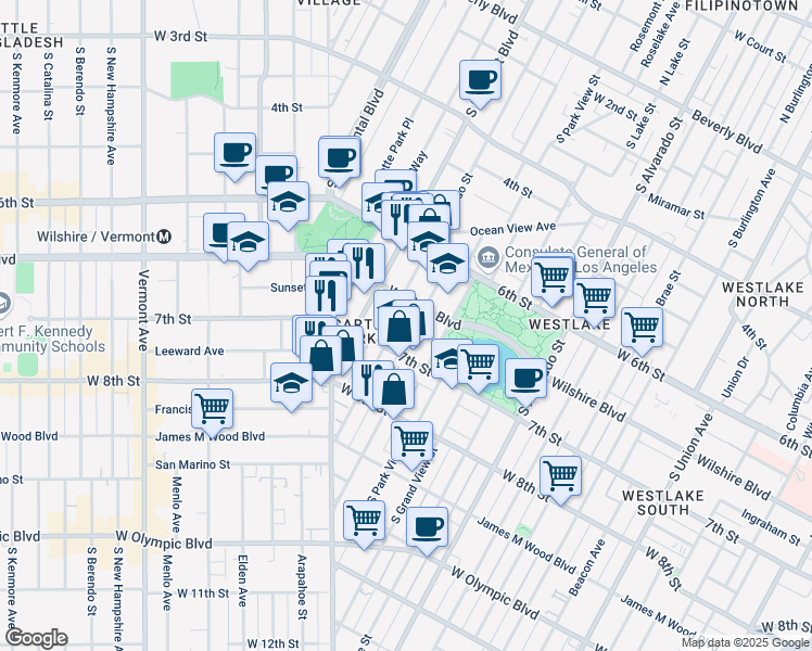 map of restaurants, bars, coffee shops, grocery stores, and more near 667 South Carondelet Street in Los Angeles