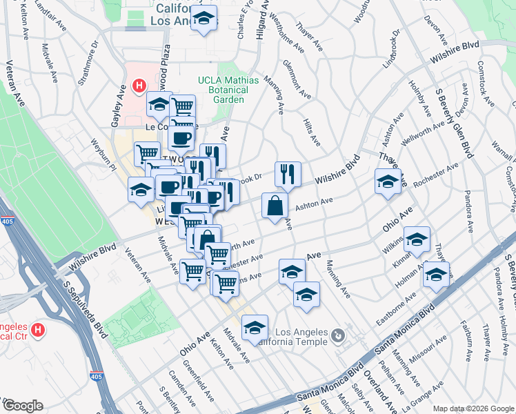 map of restaurants, bars, coffee shops, grocery stores, and more near 10790 Wilshire Boulevard in Los Angeles