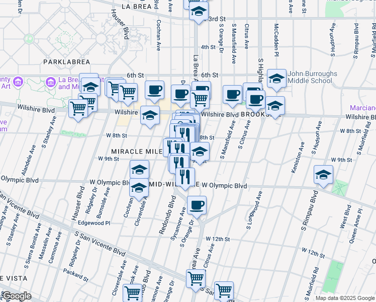 map of restaurants, bars, coffee shops, grocery stores, and more near 834 South La Brea Avenue in Los Angeles