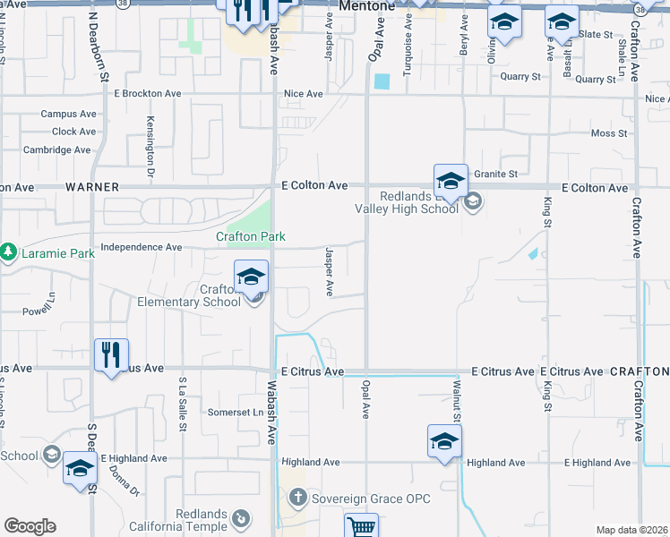 map of restaurants, bars, coffee shops, grocery stores, and more near 10695 Jasper Avenue in Redlands