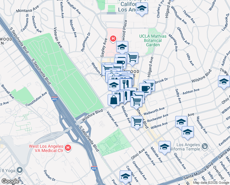 map of restaurants, bars, coffee shops, grocery stores, and more near 1145 Gayley Avenue in Los Angeles