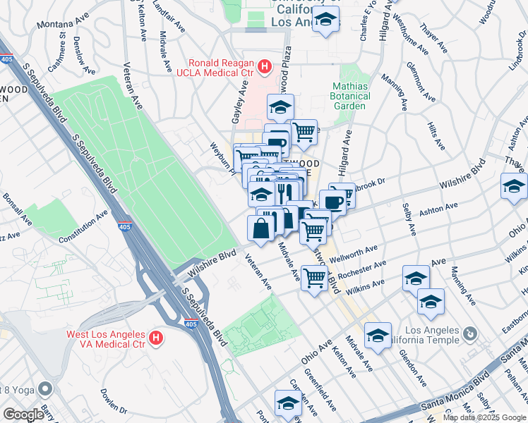 map of restaurants, bars, coffee shops, grocery stores, and more near 1145 Gayley Avenue in Los Angeles