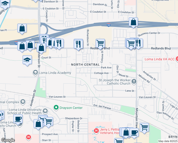 map of restaurants, bars, coffee shops, grocery stores, and more near 10696 Lilac Avenue in Loma Linda