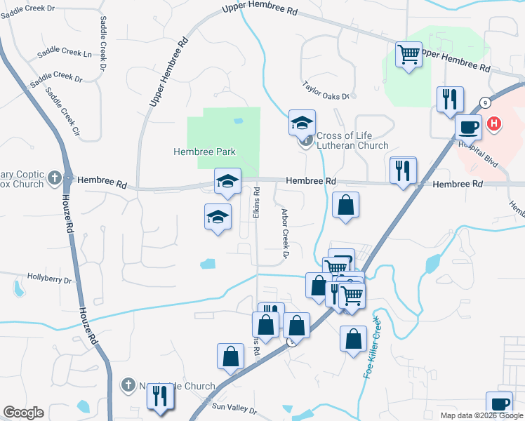 map of restaurants, bars, coffee shops, grocery stores, and more near 11465 Elkins Road in Roswell