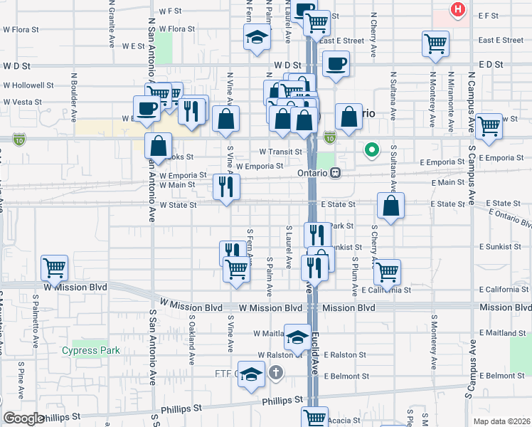 map of restaurants, bars, coffee shops, grocery stores, and more near 318 West Park Street in Ontario