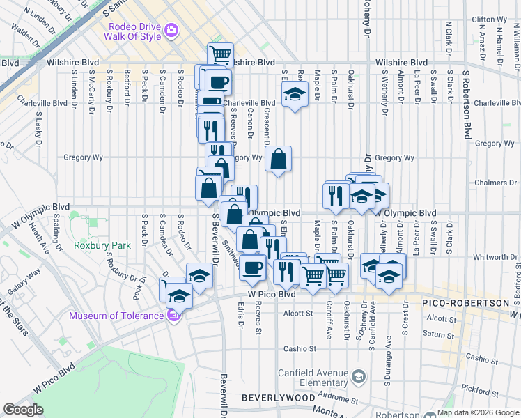 map of restaurants, bars, coffee shops, grocery stores, and more near 9374 West Olympic Boulevard in Beverly Hills