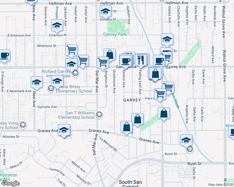 map of restaurants, bars, coffee shops, grocery stores, and more near 2610 Strathmore Avenue in Rosemead