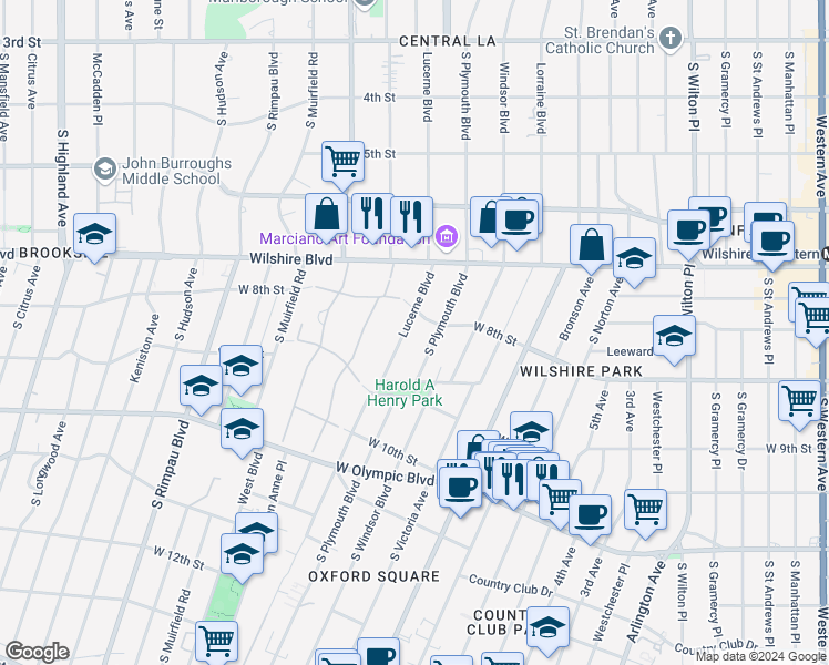 map of restaurants, bars, coffee shops, grocery stores, and more near 818 South Lucerne Boulevard in Los Angeles