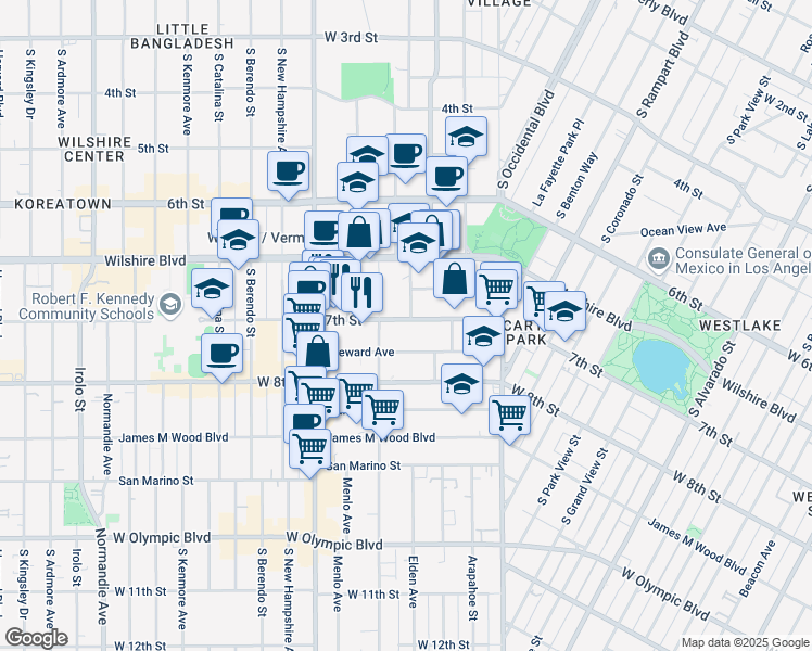 map of restaurants, bars, coffee shops, grocery stores, and more near 2968 West 7th Street in Los Angeles