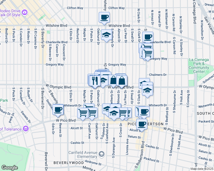 map of restaurants, bars, coffee shops, grocery stores, and more near 9030 West Olympic Boulevard in Beverly Hills