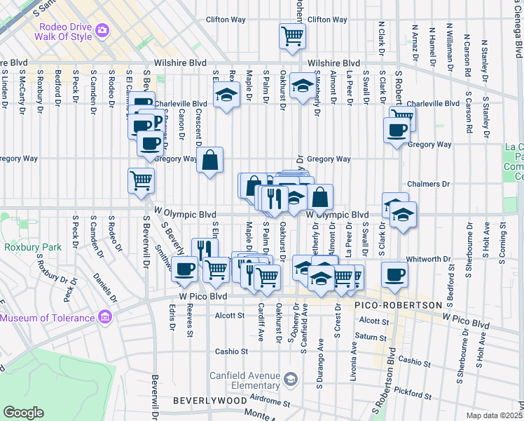 map of restaurants, bars, coffee shops, grocery stores, and more near 9200 West Olympic Boulevard in Beverly Hills