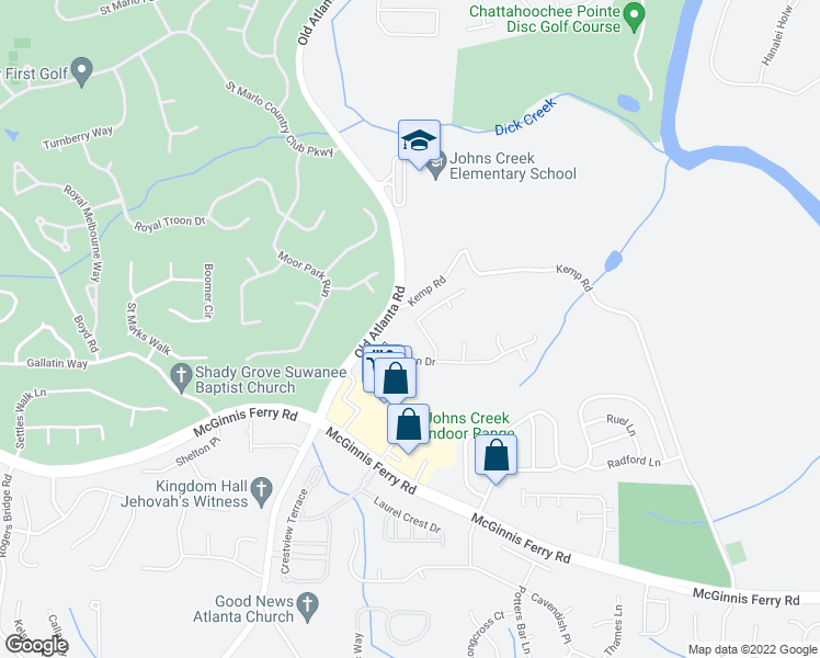 map of restaurants, bars, coffee shops, grocery stores, and more near 6545 Fairfield Trce in Suwanee