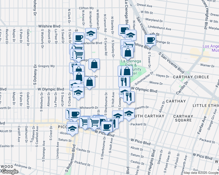 map of restaurants, bars, coffee shops, grocery stores, and more near 8613 West Olympic Boulevard in Los Angeles