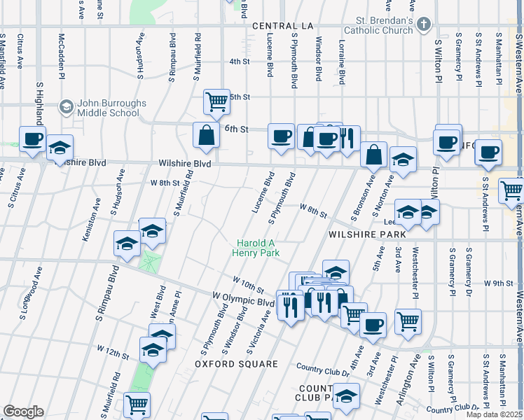 map of restaurants, bars, coffee shops, grocery stores, and more near 818 South Lucerne Boulevard in Los Angeles