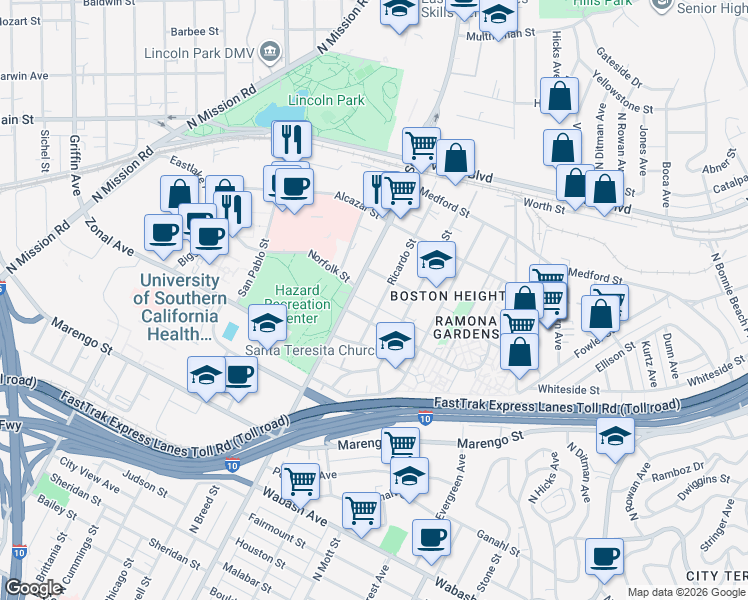 map of restaurants, bars, coffee shops, grocery stores, and more near 1443 2/3 Ricardo Street in Los Angeles