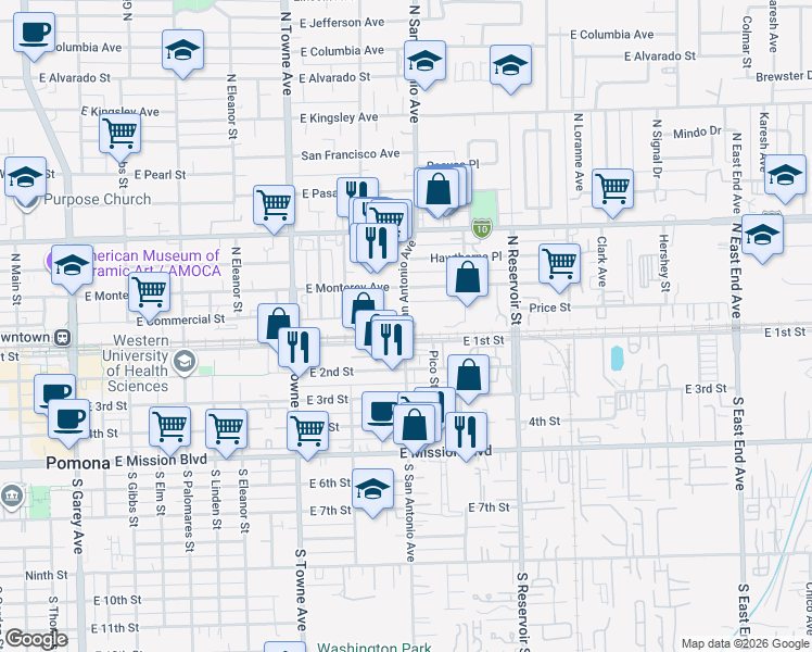 map of restaurants, bars, coffee shops, grocery stores, and more near 92 North San Antonio Avenue in Pomona