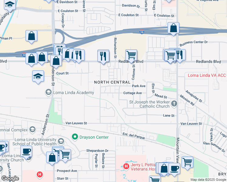 map of restaurants, bars, coffee shops, grocery stores, and more near 10720 Lilac Street in Loma Linda