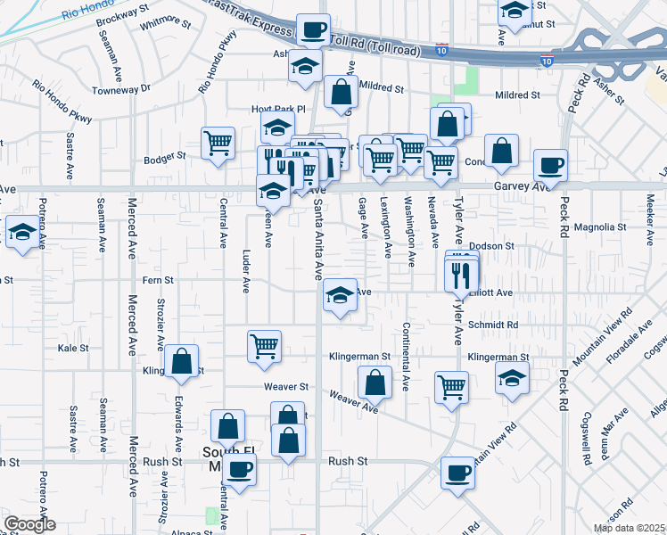 map of restaurants, bars, coffee shops, grocery stores, and more near 2613 Gage Avenue in El Monte