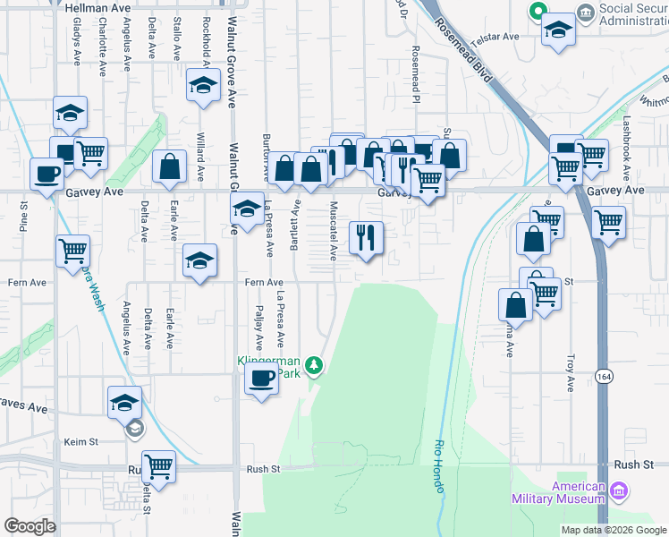 map of restaurants, bars, coffee shops, grocery stores, and more near 2572 Muscatel Avenue in Rosemead
