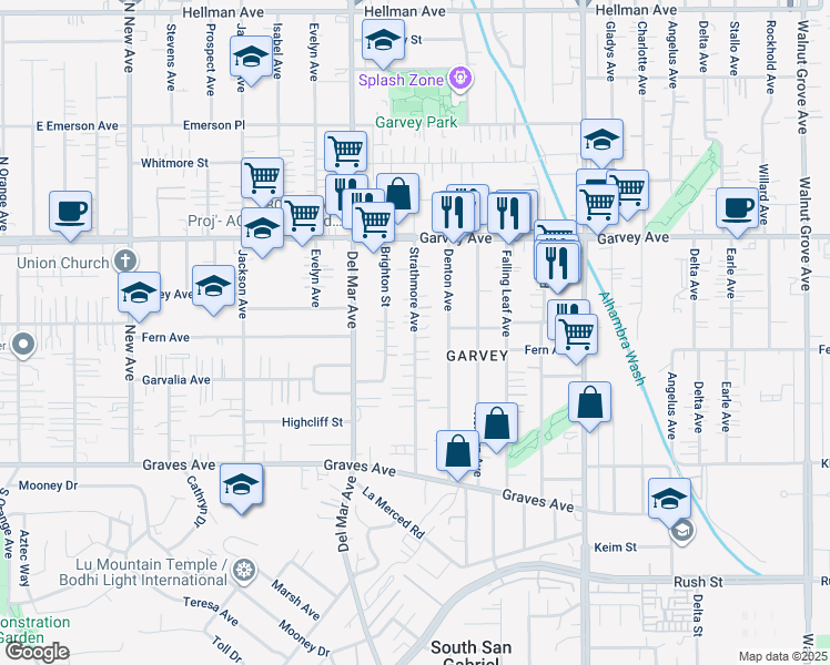 map of restaurants, bars, coffee shops, grocery stores, and more near 2550 Strathmore Avenue in Rosemead