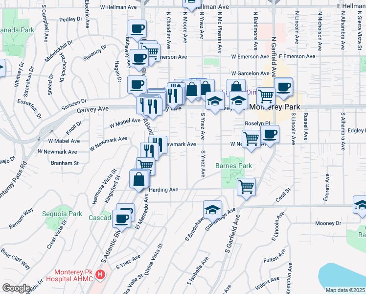 map of restaurants, bars, coffee shops, grocery stores, and more near 321 South Moore Avenue in Monterey Park