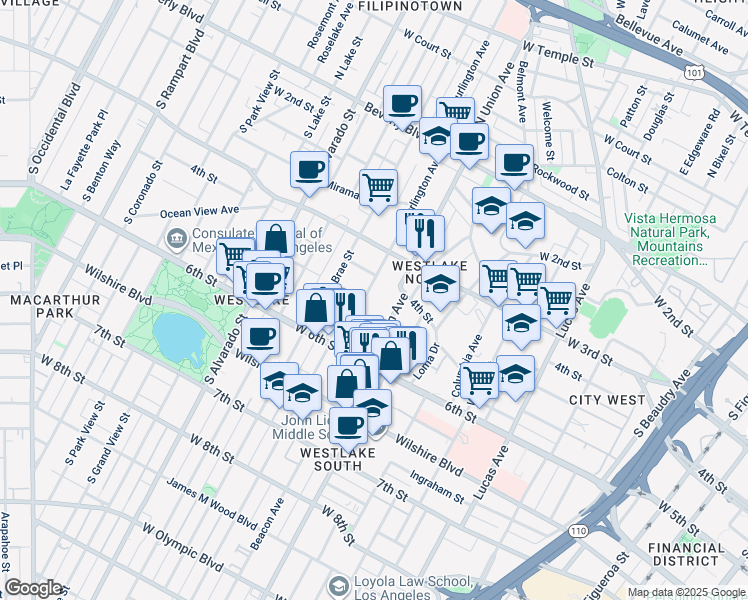 map of restaurants, bars, coffee shops, grocery stores, and more near 431 South Union Avenue in Los Angeles