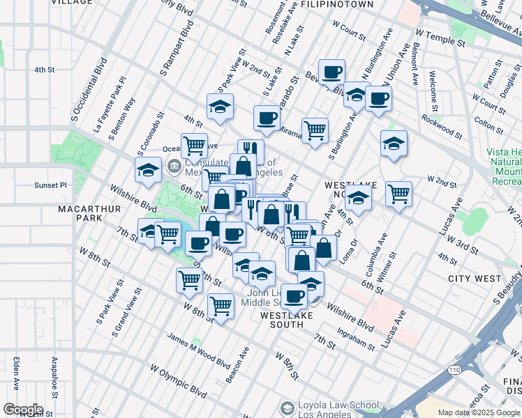 map of restaurants, bars, coffee shops, grocery stores, and more near 512 South Bonnie Brae Street in Los Angeles