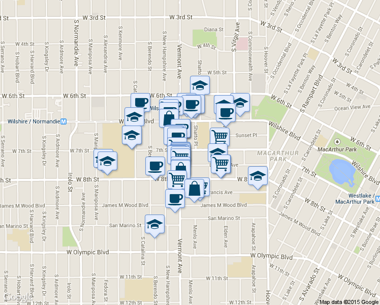 map of restaurants, bars, coffee shops, grocery stores, and more near 730S Vermont Avenue in Los Angeles