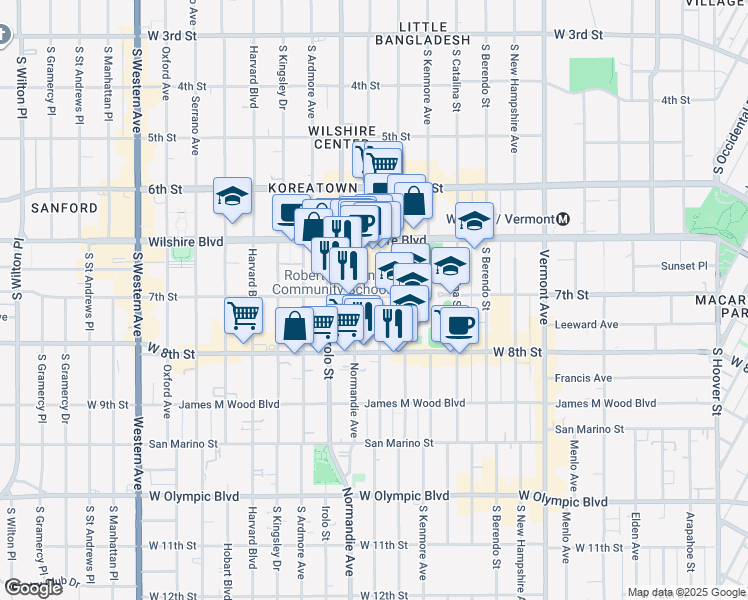 map of restaurants, bars, coffee shops, grocery stores, and more near 721 South Mariposa Avenue in Los Angeles